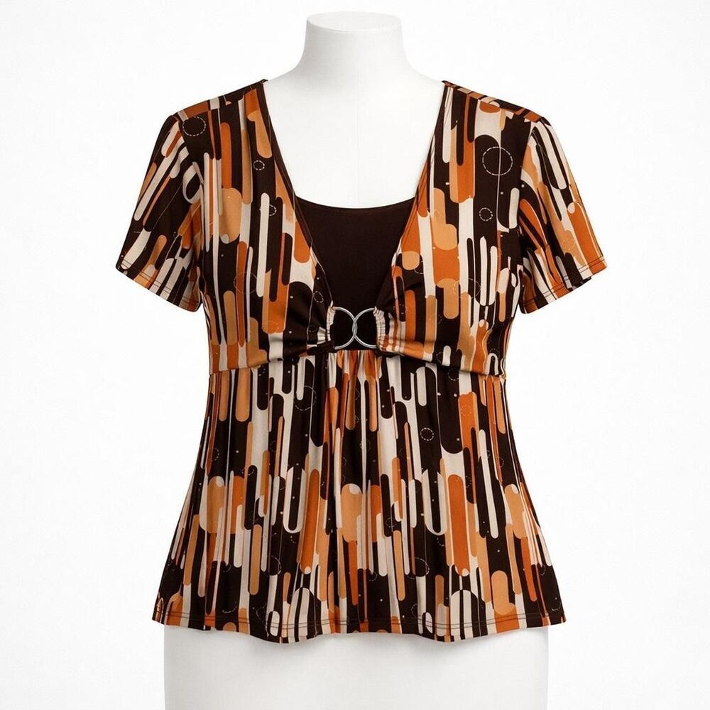 Brittany Black Geometric Top Brown & Orange Y2k Stretchy Size XL